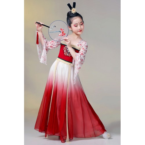Children kids Chinese folk classical dance costume red flowers fairy hanfu ancient  empress cosplay performance dresses for girls